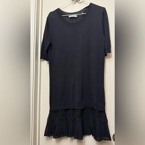 Sandro Black Midi Dress with Pleated Lace Hem